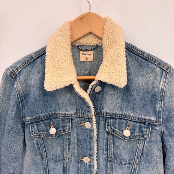 Gap Denim Trucker Jacket Womens Medium Blue Cotton Sherpa Trim Vintage - Picture 2 of 7